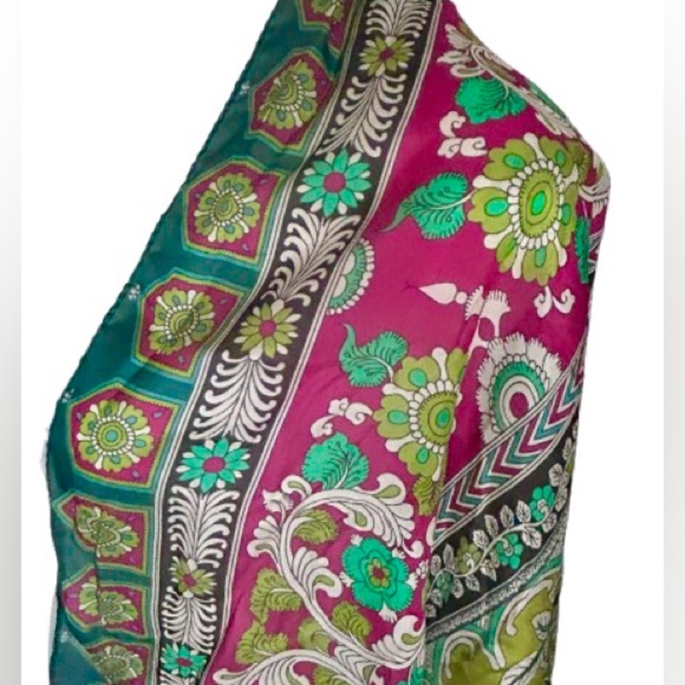 NWT 100% Silk Long Scarf Wrap Mandala Floral Boho Pink Aqua Blue Teal NEW - Picture 9 of 14